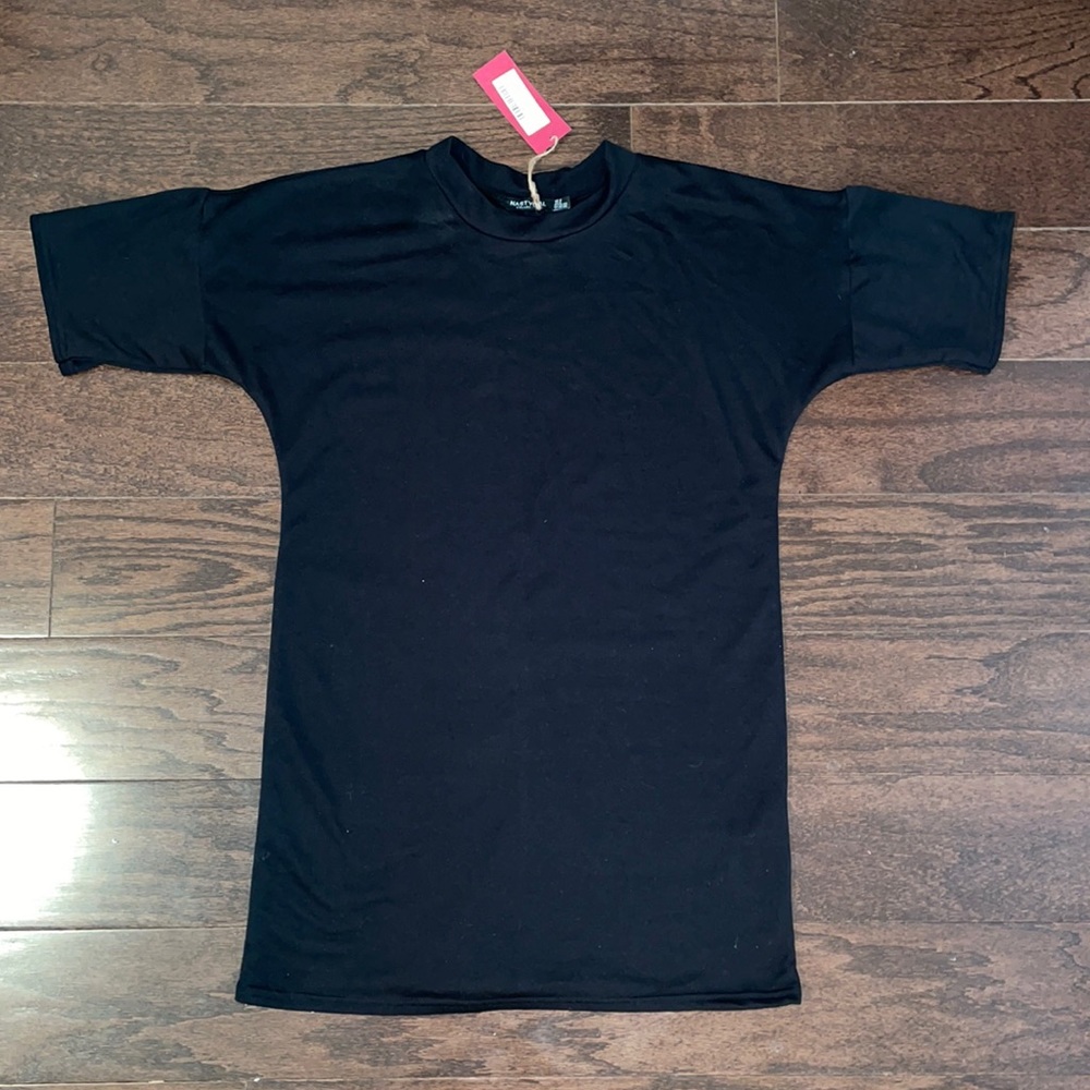 Black t shirt dress with subtle bell sleeves
